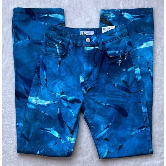 NWT Zara Straight Fit High Rise Regular Length Printed Jeans in Blue, Size 0 & 4 - Picture 10 of 16